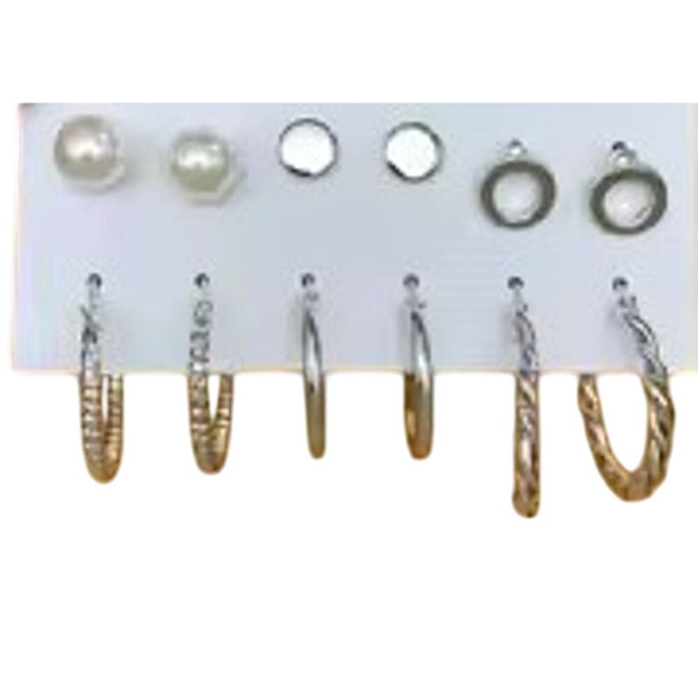 4284NIP 6 Pair Various Latest Style Silvertone Hoops Contemporary Earrings Studs